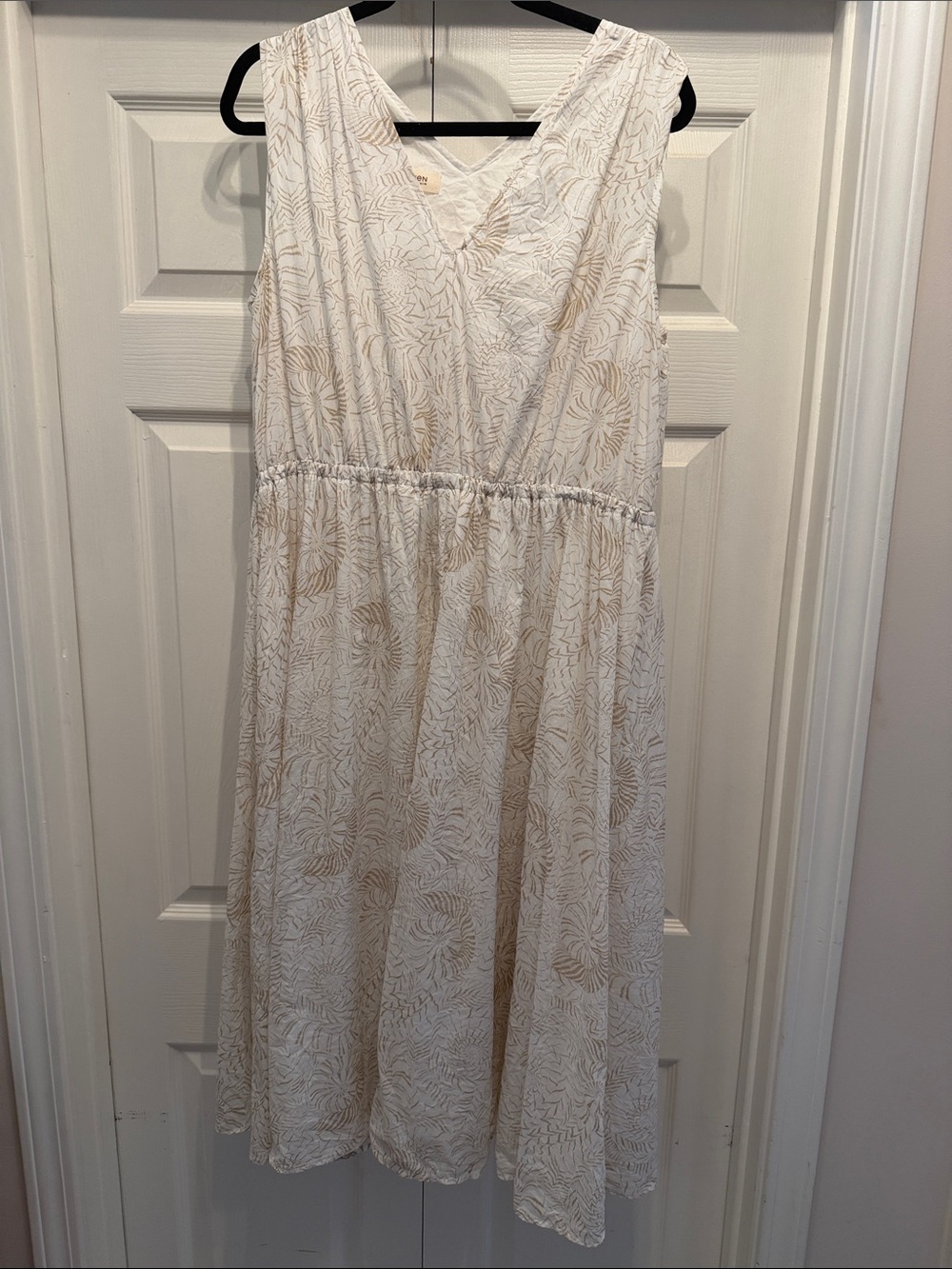 V-Neck Cream Floral Midi Dress with Drawstring Waist